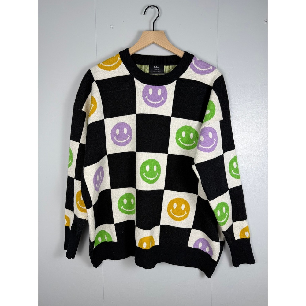 Lala Smiley Face Checkerboard Sweater Womens XL Indie Maximalist KnitOversized